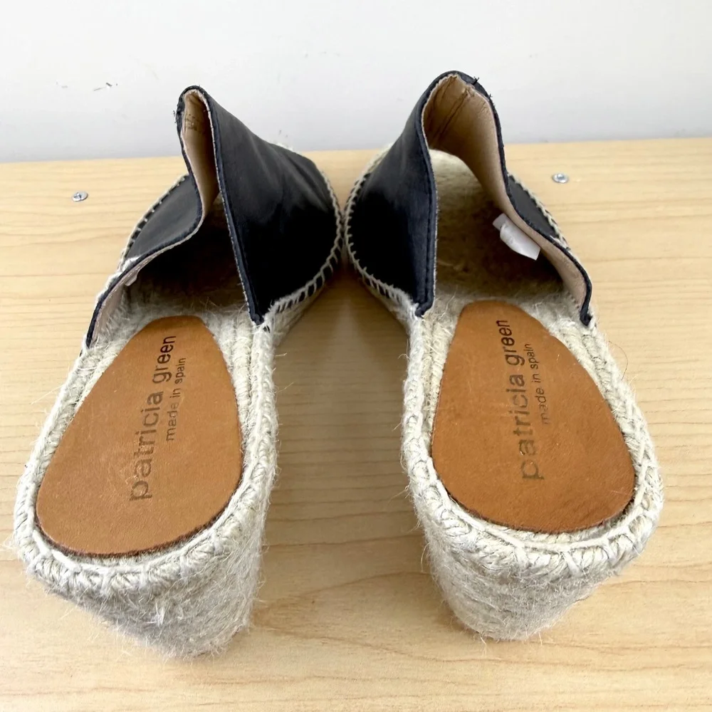 Patricia Green Espadrille Slides Black Leather Wedge (10)